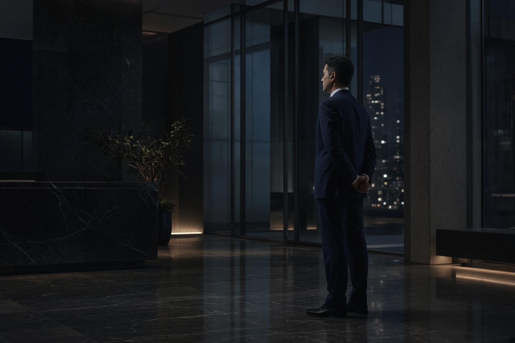 Discreet protective presence in a corporate lobby