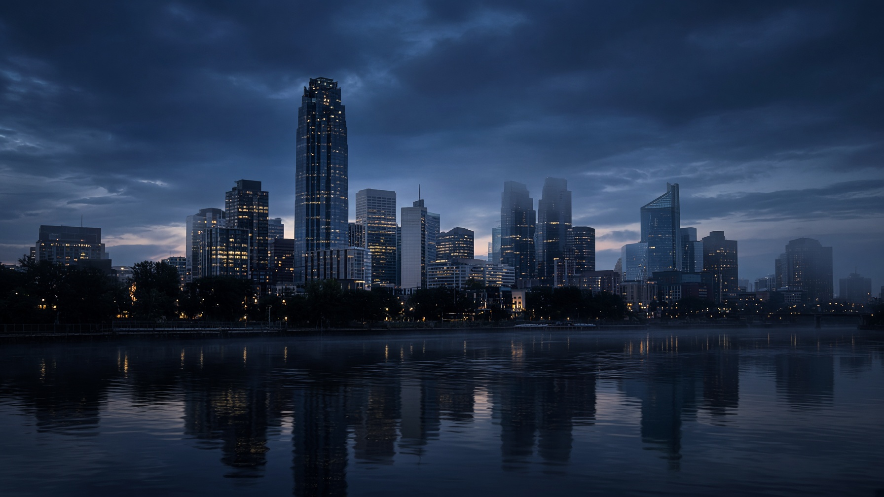 Minneapolis skyline at dusk across the Mississippi River